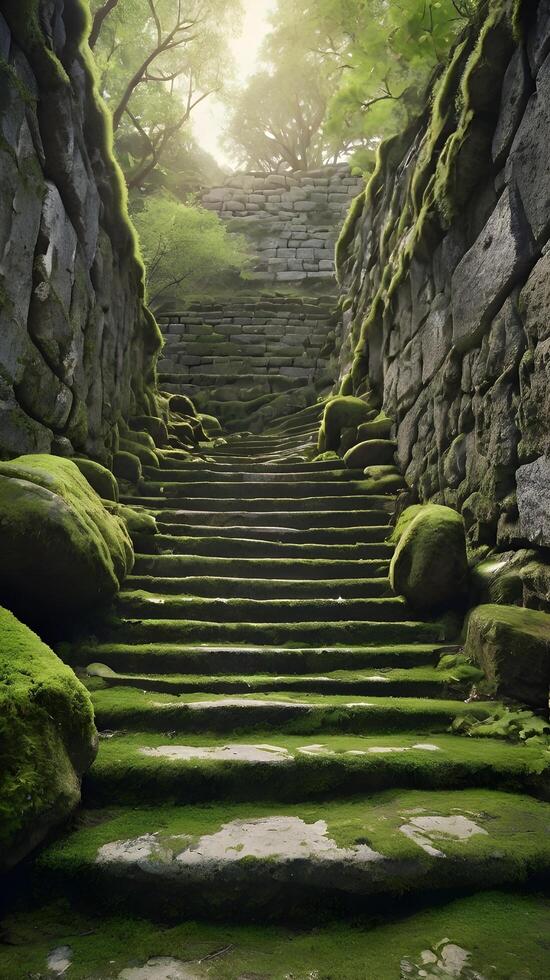 A vertical composition of an ancient stone staircase, textured with moss and wear, leaving a clean backdrop for overlays. photo