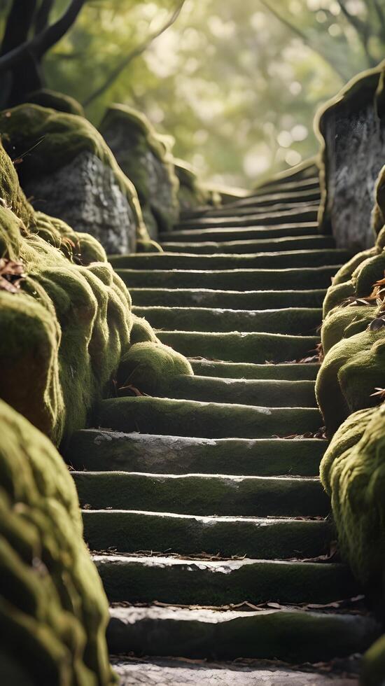 A vertical shot of an ancient stone staircase, weathered with moss and wear, providing clear space for a background or text. photo