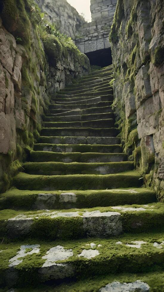 A vertical capture of an ancient stone staircase, textured with moss and wear, offering clean sky or background space. photo