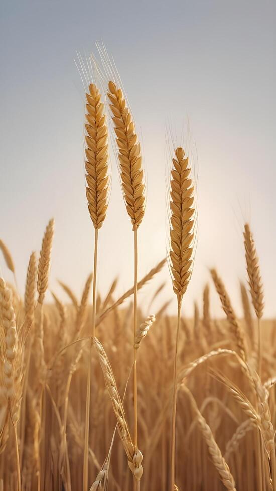 A serene vertical image of wheat stalks in a quiet field, glowing softly under the light, with open sky space for design. photo