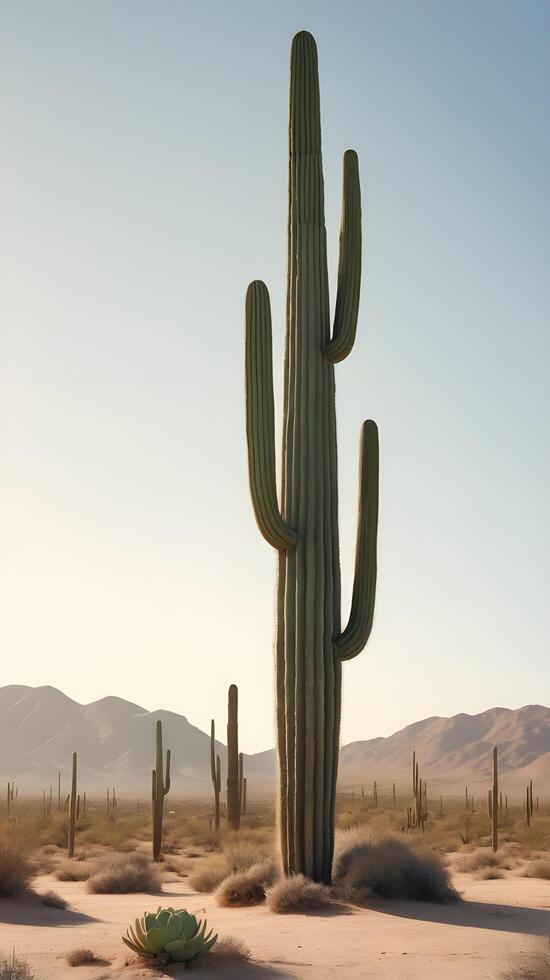 A vertical view of tall cacti in a peaceful desert setting, softly lit with warm light and plenty of space for text. photo