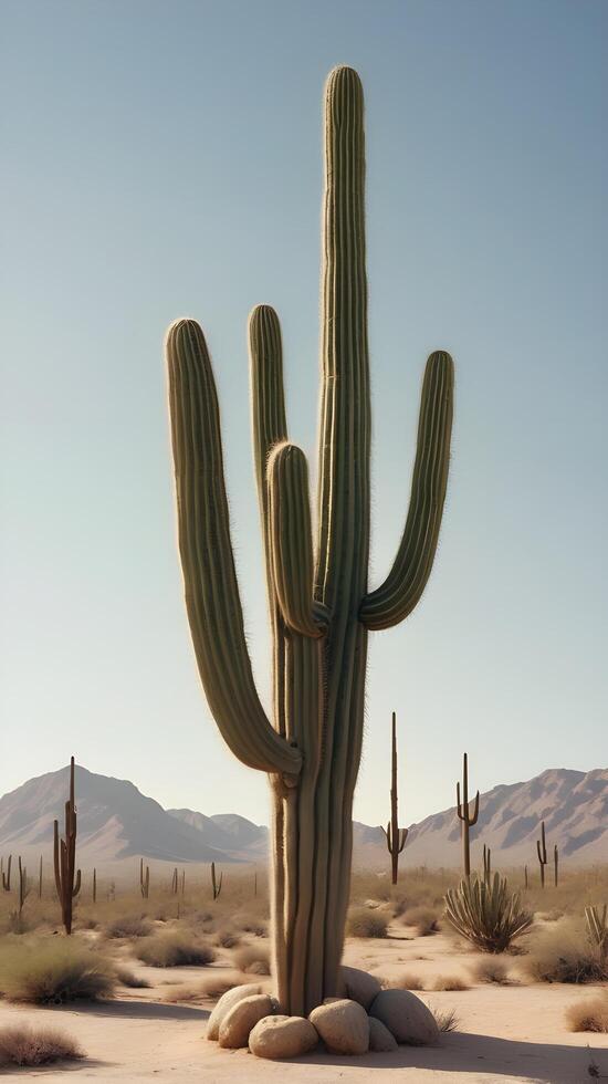 A vertical image of towering cacti in a peaceful desert, bathed in warm light, with a clear sky for text placement. photo