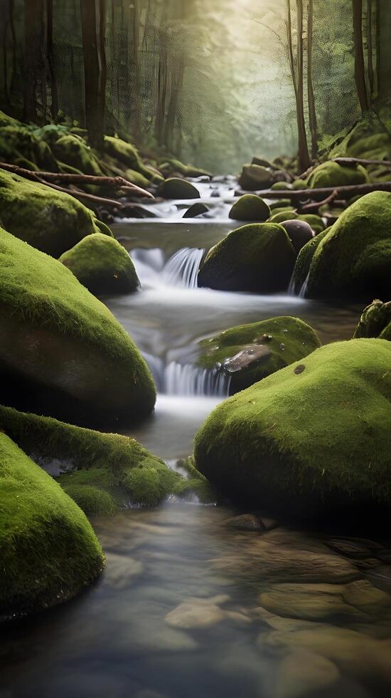 A tranquil vertical shot of a narrow mountain creek flowing through moss-covered rocks, with ample space for text. photo