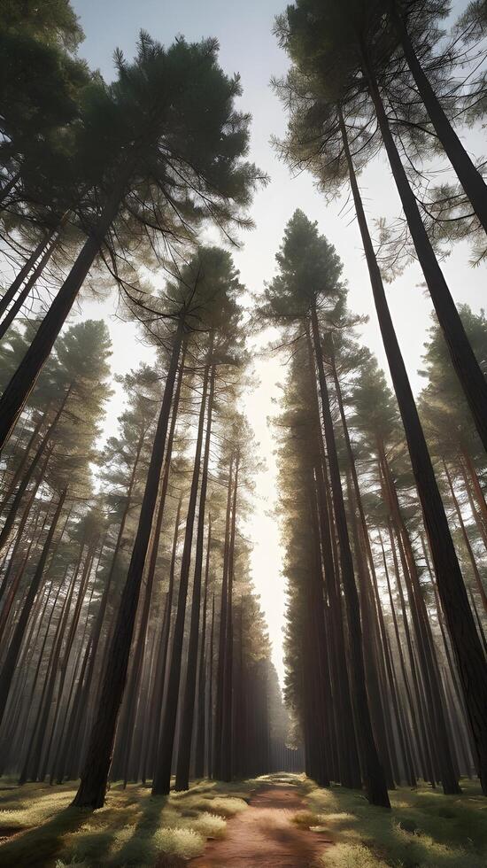A peaceful vertical shot of towering pine trees in a quiet forest, illuminated by gentle light, with ample room for text. photo