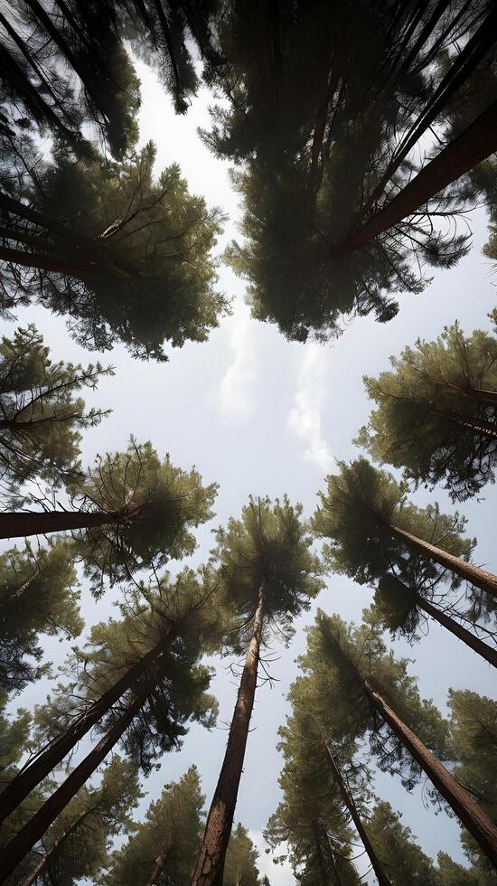A tranquil vertical image of tall pine trees in a serene forest, with soft light streaming through and space for text placement. photo