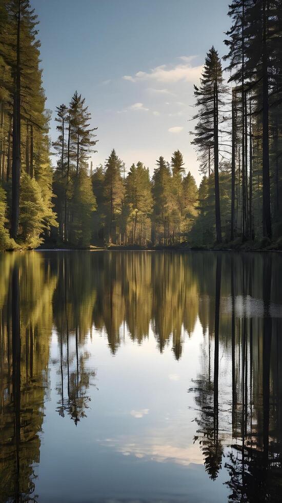 A vertical composition of a serene river reflecting tall trees, creating a mirrored effect with plenty of space for copy. photo