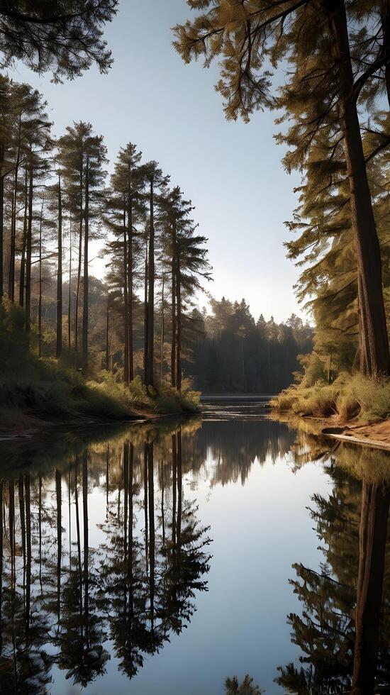 A tranquil vertical view of a river reflecting towering trees, creating a perfect mirror effect with open sky space for text. photo