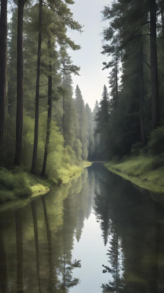 A vertical shot of a still river reflecting tall trees, creating a mirrored effect with blank sky space for text placement. photo