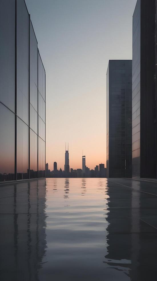 A vertical capture of an urban skyline at dusk, with calm colors and reflections, and plenty of open sky space for text. photo