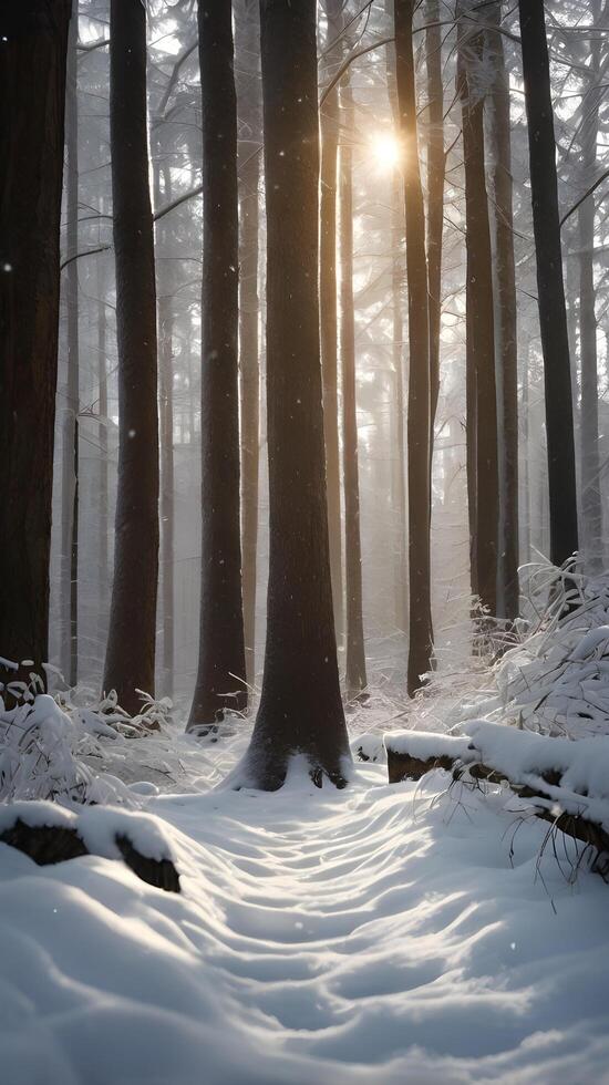 A serene vertical view of snow-dusted tree trunks in a dense forest, soft light shining through, and clear space for copy. photo