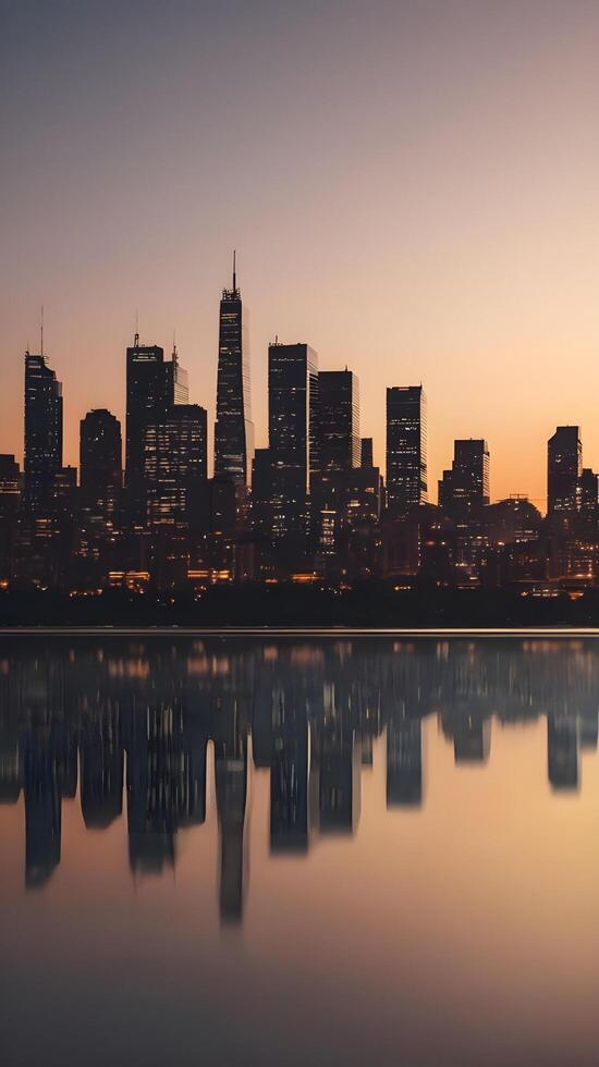 A peaceful vertical image of an urban skyline at dusk, with soft colors and calm reflections, leaving space for text in the sky. photo