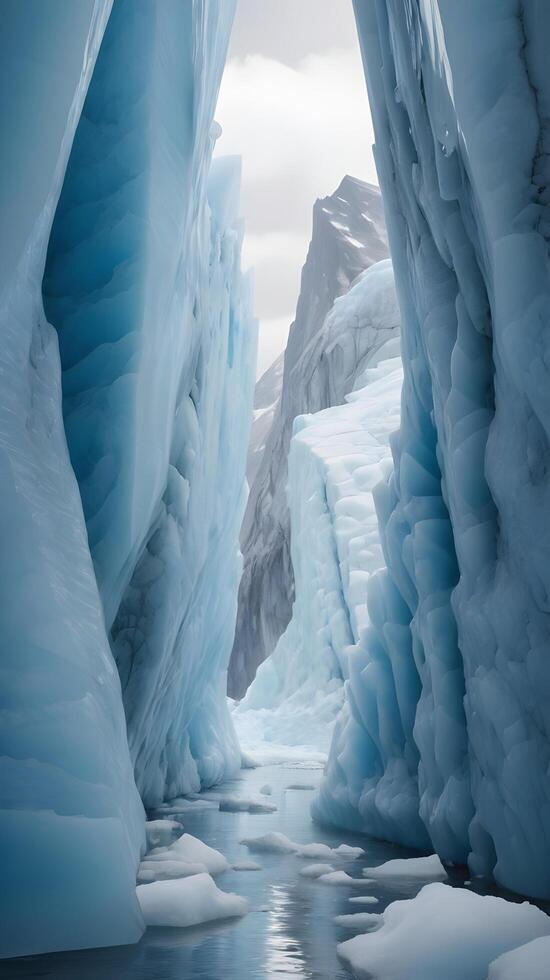 A tranquil vertical view of a glacier's reflective ice surface, with detailed patterns and blank sky above for text placement. photo