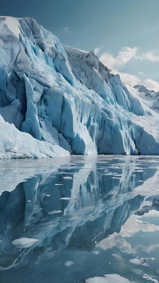 A serene vertical shot of a glacier's face with delicate ice patterns, reflecting light, and clear space in the sky for copy. photo