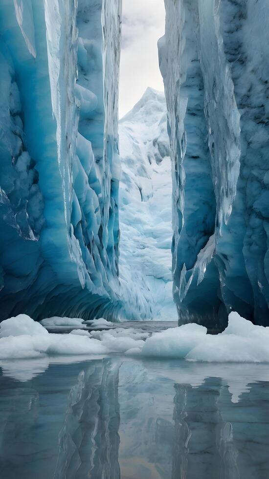 A vertical photo of a glacier's reflective face with intricate ice patterns and space for text in the blank sky above.