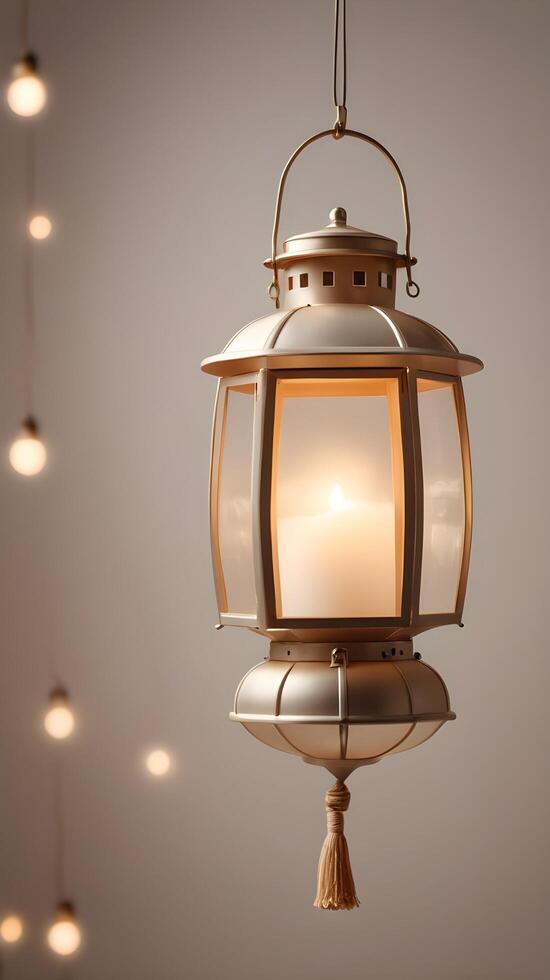 A tranquil vertical shot of a glowing lantern suspended against a blurred neutral backdrop, with open space for text. photo