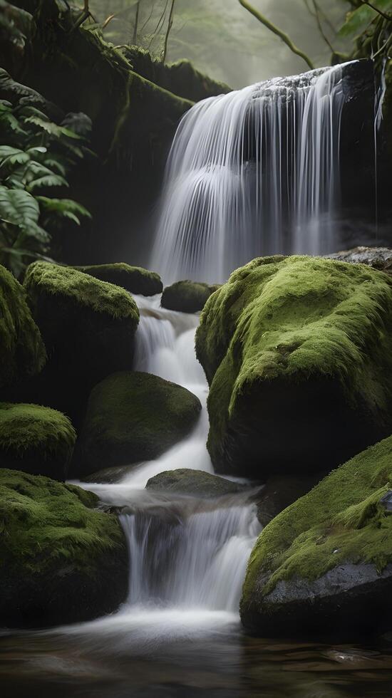 A high-detail vertical image of a gentle waterfall over mossy rocks, with mist and open space for text placement. photo
