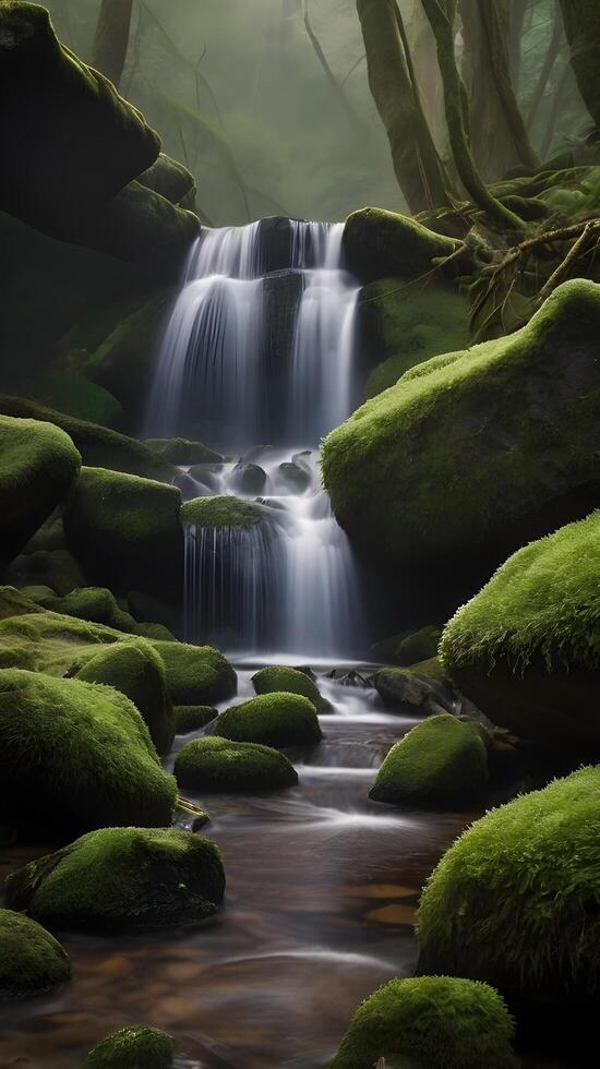 A vertical composition of a waterfall cascading softly over mossy rocks, creating mist and offering ample room for copy elements. photo
