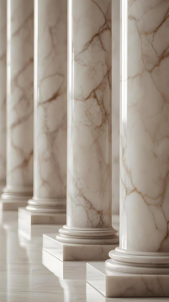 A high-detail vertical shot of sleek marble columns in neutral shades, featuring soft reflections and clear space for text. photo