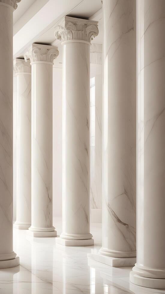 A vertical image of polished marble columns in soft neutral tones, with gentle reflections and ample space for text. photo