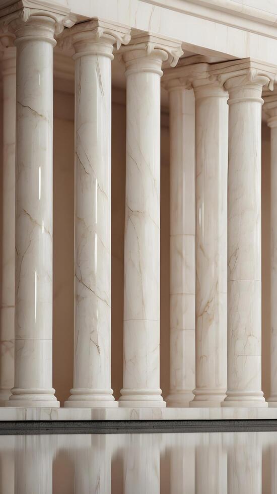 A vertical shot of sleek, smooth marble columns in neutral tones with soft reflections and copy space. photo