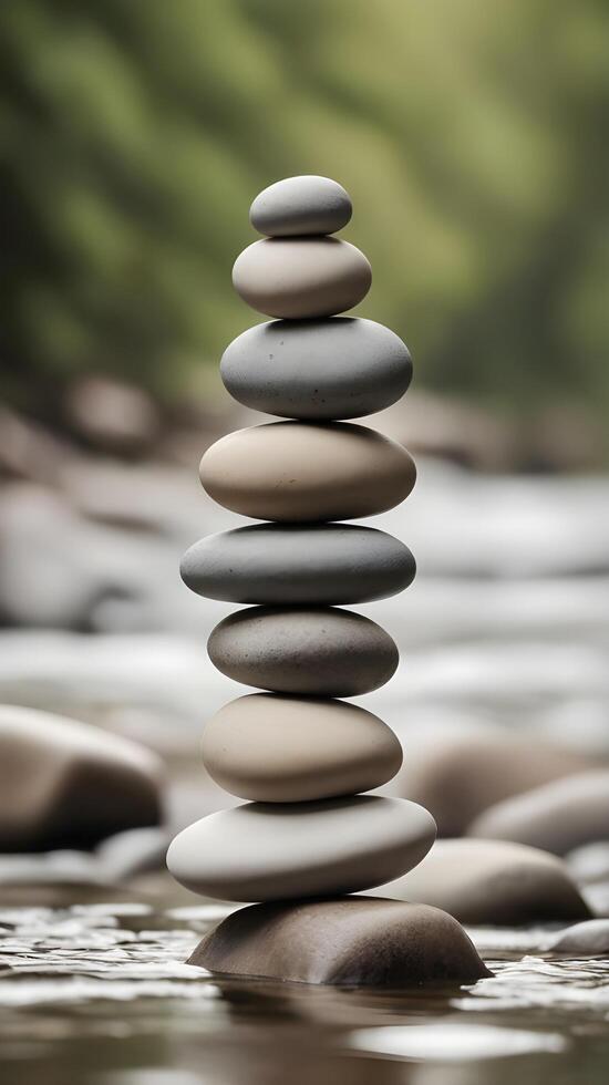 A vertical arrangement of smooth river stones set against a blurred natural backdrop, providing ample space for text. photo