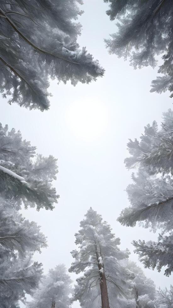 A serene vertical image of pine trees covered in snow, with soft lighting and a clear sky for copy space. photo