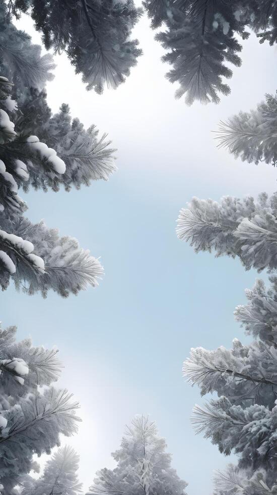 A calm vertical scene of pine trees with snow on the tops, softly lit with open sky space for copy or design. photo
