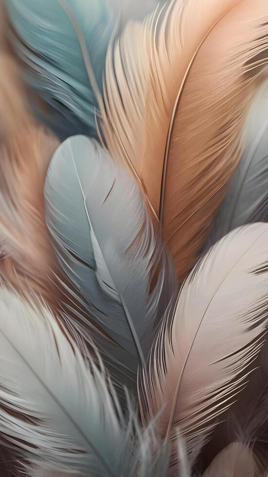 A serene vertical image showcasing the intricate details of feathers in muted hues, with blurred spaces for copy. photo