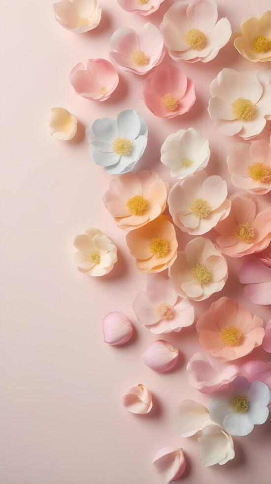 A soft-focus vertical composition of pastel flower petals, arranged with space on the edges for text overlay. photo