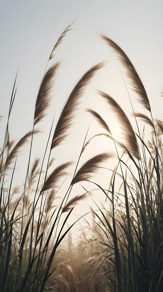 A vertical arrangement of tall grass blades outlined against a soft sky, offering a peaceful atmosphere and space for text. photo