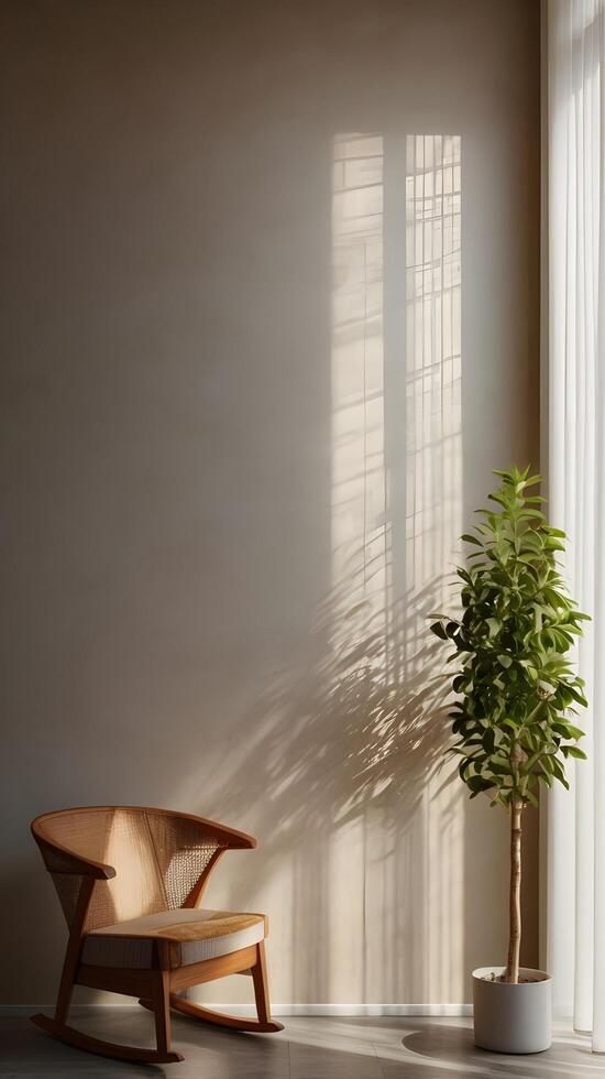 A vertical shot of a textured wall with soft sunlight streaming through blinds, creating shadow patterns and ample space for text overlay. photo