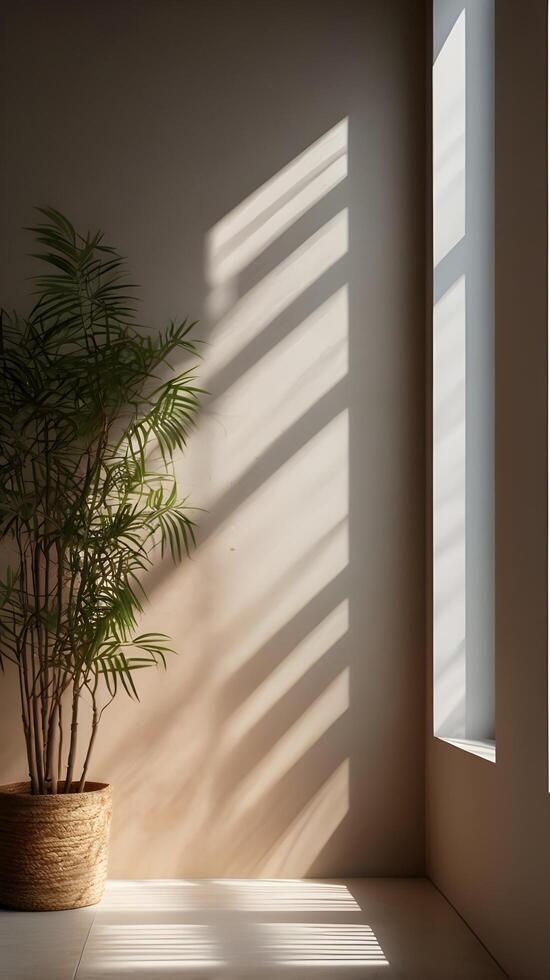 A calm scene of a textured wall with sunlight streaming through blinds, forming vertical shadows and offering clear space for copy. photo