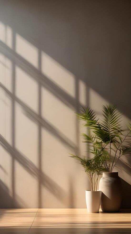 A tranquil image of a textured wall illuminated by soft sunlight filtering through blinds, creating vertical shadow lines with ample copy space. photo