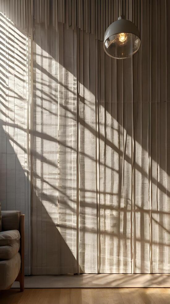 A peaceful background of a textured wall with gentle sunlight streaming through blinds, casting vertical shadows and providing space for text. photo