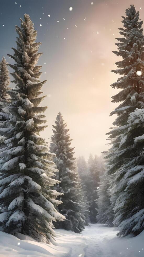 A vertical shot of tall evergreen trees dusted with snow, with a bright, soft sky for text overlays. photo