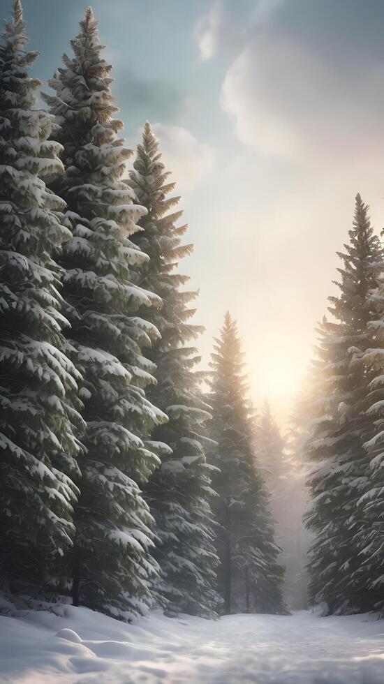 A vertical image of snow-covered evergreen trees, with a soft, bright sky above, offering space for text overlays. photo