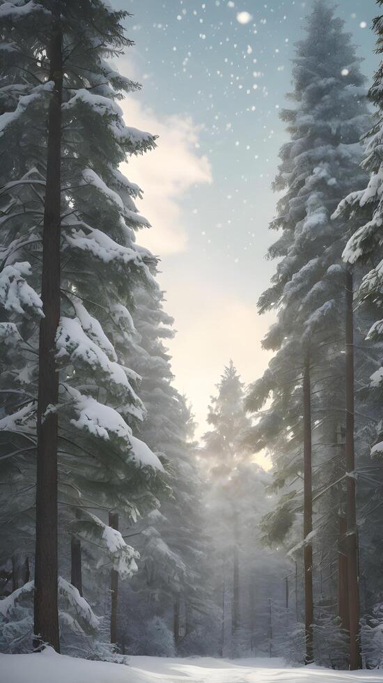 A vertical composition of towering evergreen trees lightly dusted with snow, set against a soft, luminous sky for easy text placement. photo