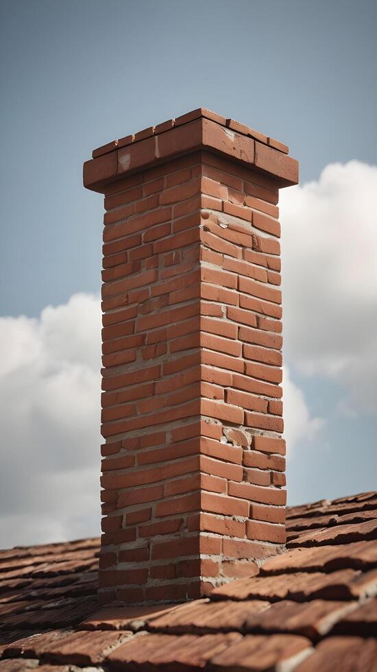 A high-detail photo of a rustic brick chimney against a soft, blank sky, perfect for copy placement.