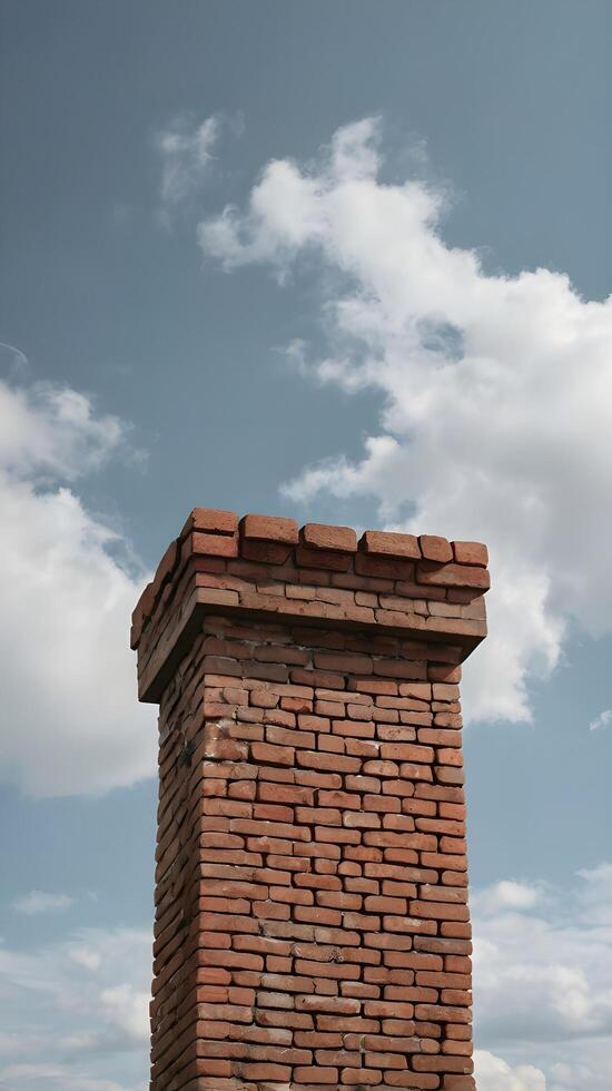 High-resolution image of a rustic brick chimney with a neutral sky backdrop, ideal for overlaying text. photo