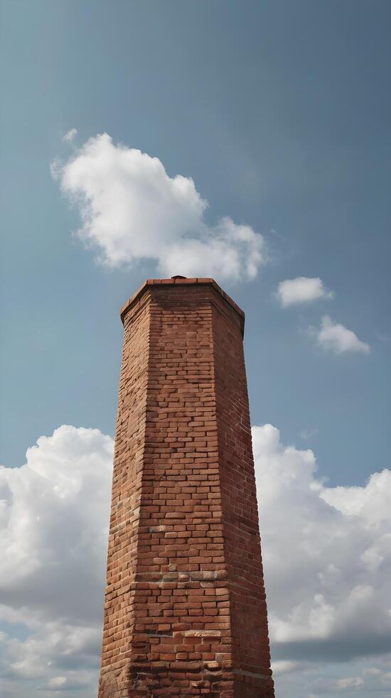 A close-up of a brick chimney with aged textures, contrasted against a smooth sky, providing room for design. photo