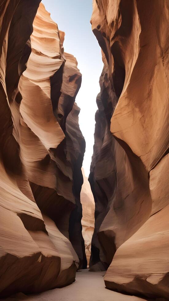 A detailed vertical photo of a canyon wall, showcasing layered rock formations in warm hues, and ample copy space in the blank sky or smooth textures.