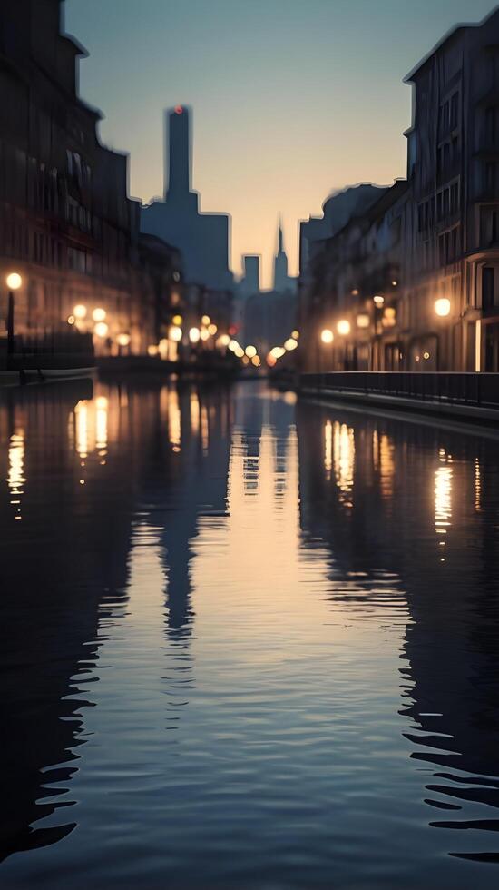 A vertical capture of city lights reflecting on still water, featuring gentle tones and plenty of space for copy or design. photo