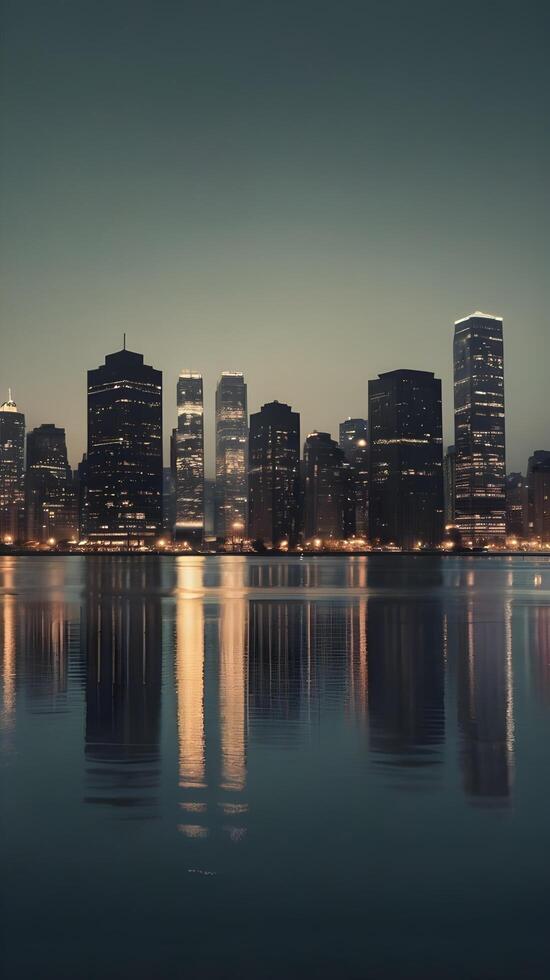 A serene vertical shot of city lights mirrored in calm water, with soft hues and ample space for text placement. photo