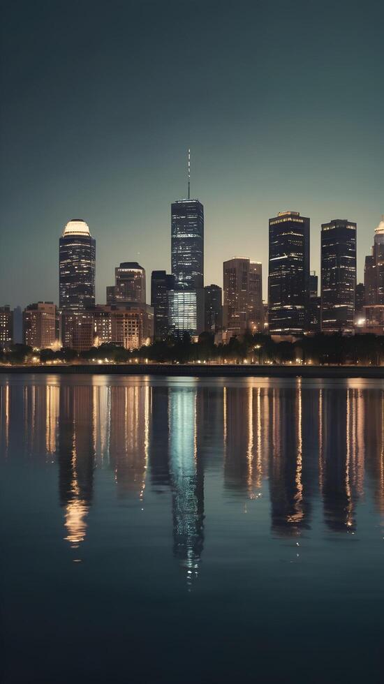 A quiet vertical image of city lights reflected in still water, with muted tones and blank areas for copy space. photo