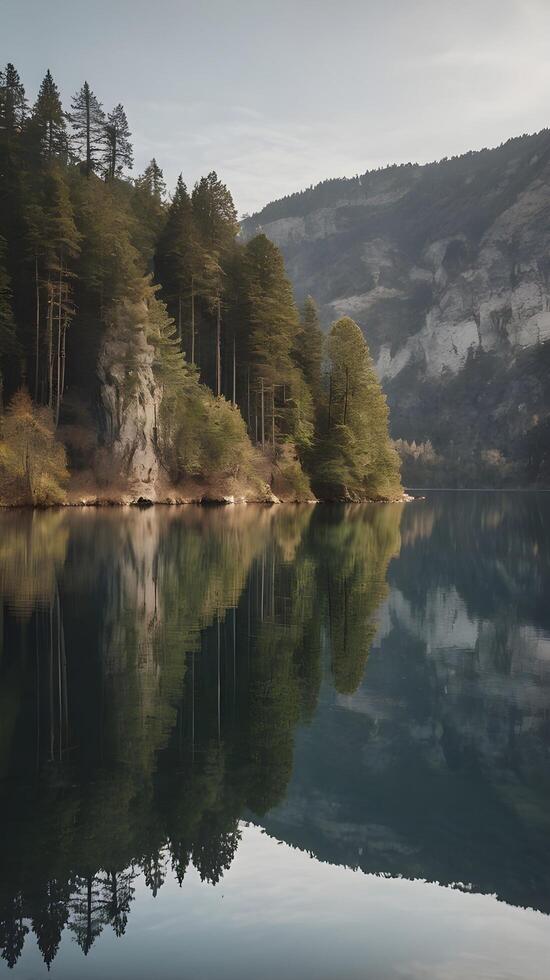 A calm lake reflecting a vertical cliff, with muted hues and open space for text overlays. photo
