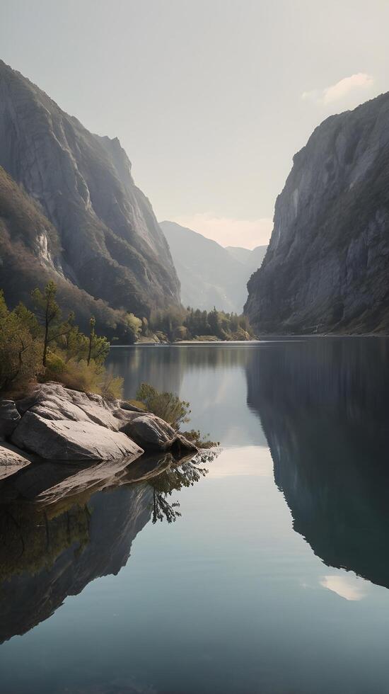 A vertical cliff reflected in a tranquil lake, with soft tones and clear space for text placement. photo