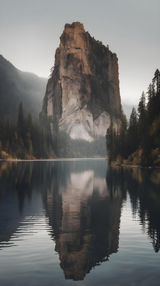 A reflective view of a vertical cliff mirrored in a calm lake, with muted tones and space for text overlays. photo