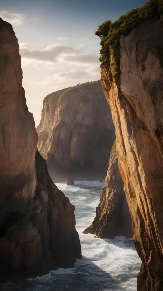 A vertical photo of a dramatic cliffside with rock layers and natural tones, featuring a blank sky for copy space.