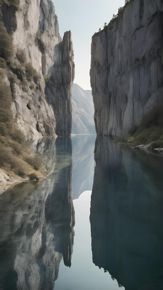 A serene vertical shot of a cliff mirrored on a calm lake, featuring subtle colors and ample copy space. photo