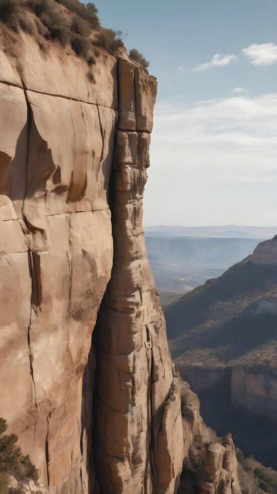 A vertical capture of a striking cliff with layered rock textures, natural colors, and open sky perfect for text overlays. photo